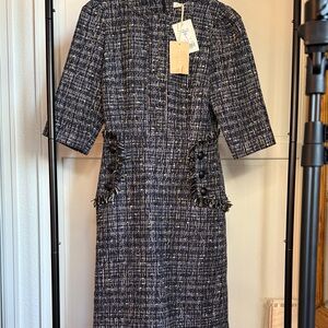 BNWT Birelin European Designer Dress Size 4 Navy/Tweed/Chain details